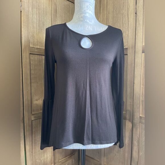 a.n.a Tops - Women’s Black Keyhole Neck Bell Sleeve Blouse.